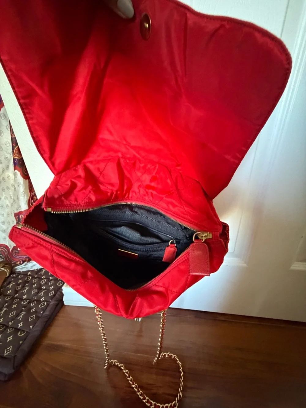 Prada Red Quilted Nylon Shoulder Bag with Gold Chain - Picture 10 of 13